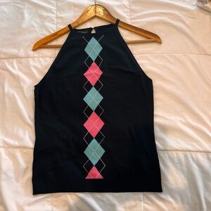INC Argyle Print Knit Black Pink Turquoise Tank Top High Neck Racerback Straps